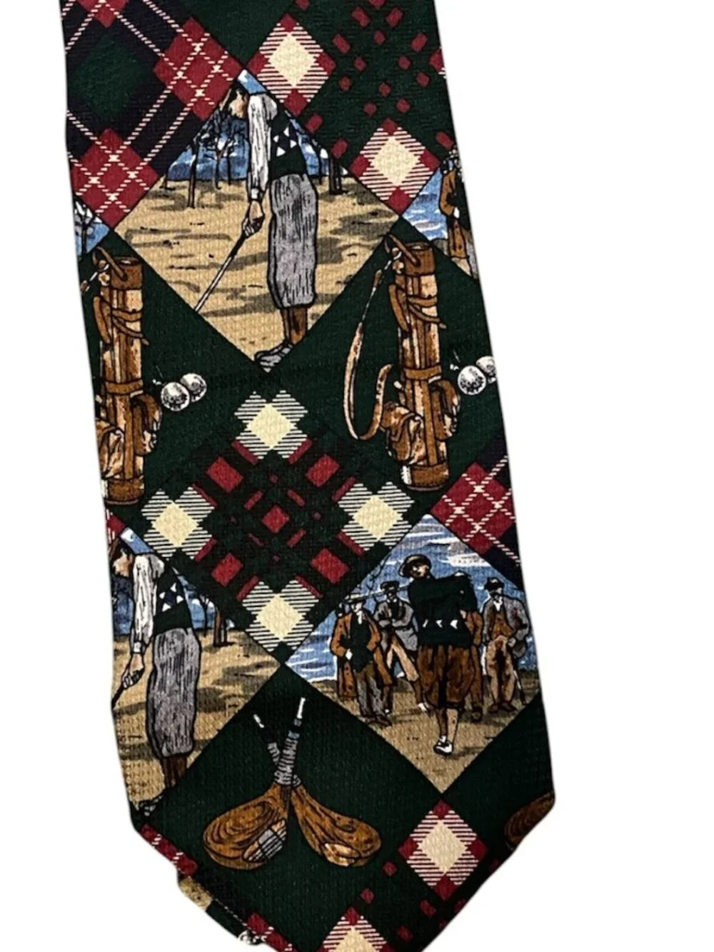 Vintage Claybrooke Pure Silk Men’s Tie Golf Graphic Print Green Red Novelty USA